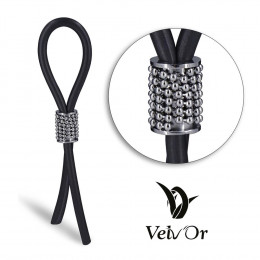 Эрекционное кольцо лассо с декорированной утяжкой, черный с серебристым, 13 см