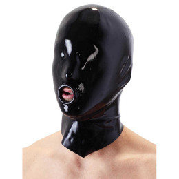 Латексна Маска LateX на голову з кільцем на губах, чорна – фото