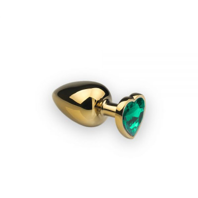 Анальная металлическая пробка с камнем зеленого цвета в форме сердца Gold S Dark Green (32469) – фото 1