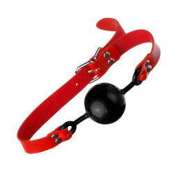 Кляп шарик черный из латекса с ремешком красного цвета, 4.5 см – фото