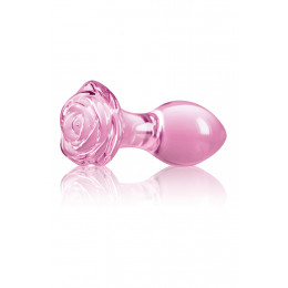 Анальная пробка из стекла, 3.9 см х 8.9 см, Crystal Rose с ограничителем в форме розы, розовая