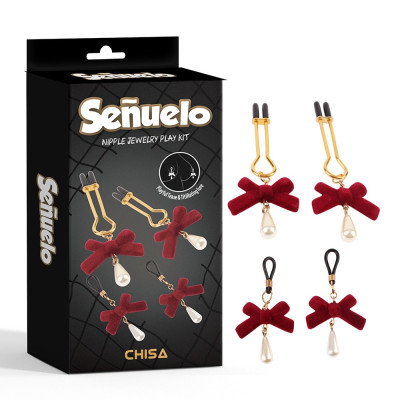 Зажимы для сосков с бантиками и жемчугом Senuelo Chisa, красные (215222) – фото 1