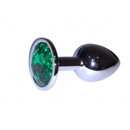 Анальная пробка S с круглым зеленым камнем Runyu, металл, серебряная, 7.5 х 2.8 см – фото
