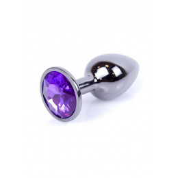 Анальная пробка S с фиолетовым камнем, темно-серебряная, металлическая, 7 х 2.7 см