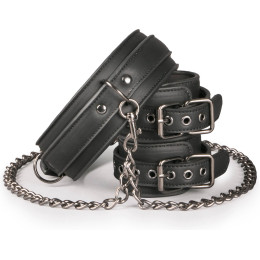 БДСМ комплект ошейник с поводком и наручники Easytoys, экокожа, черный