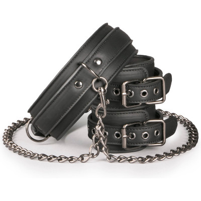 БДСМ комплект ошейник с поводком и наручники Easytoys, экокожа, черный (214204) – фото 1