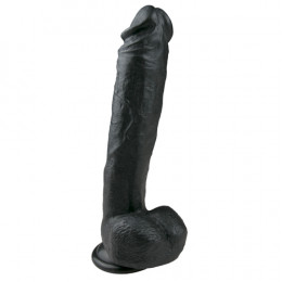 Фаллоимитатор гигантский, черный, на присоске, с мошонкой, черный, 26.5 х 4.8 см