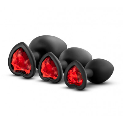 Набор анальных пробок с красными камнями в форме сердца Blush черный (46380) – фото 1