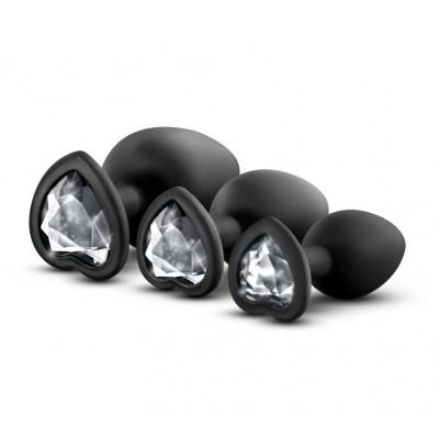 Набор анальных пробок с прозрачными камнями в форме сердца Blush черный (46381) – фото 1