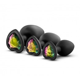 Набор анальных пробок с радужными камнями в форме сердца Blush черный – фото