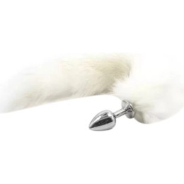 Анальная пробка с белым лисьим хвостом Fetish Anal plug fox tail серебряная, 7 х 2.5 см – фото