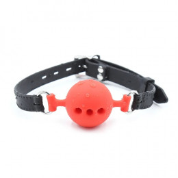 Кляп-шарик с тремя отверстиями Fetish Silicone gag, L, красно-черный, 5 см – фото