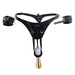 Пояс для примусового оргазму жіночий Lockink з наручниками, шкіра, чорний – фото