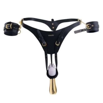 Пояс для примусового оргазму жіночий Lockink з наручниками, шкіра, чорний (215974) – фото 1