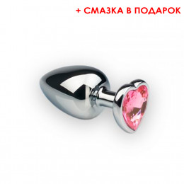 Анальная металлическая пробка Silver Heart Pink Topaz M