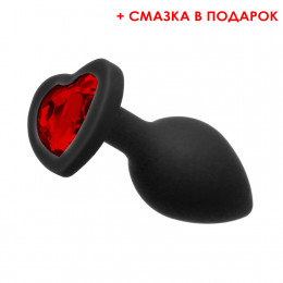 Анальная пробка силиконовая с красным сердцем Runya черная со смазкой в подарок, размер S 7.5 x 2.8см
