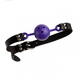Кляп кулька фіолетовий з латексу з ремінцем чорного кольору, 4.5 см – фото