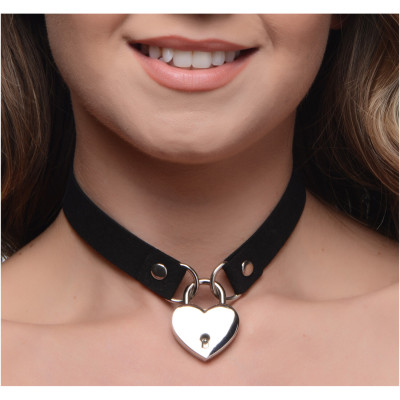 Чокер з сріблястим замком у формі серця, 2 ремінця і 2 ключа в комплекті, чорного кольору (41484) – фото 1