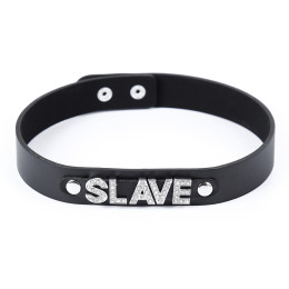 Ошейник с надписью SLAVE из страз, кожзам, черный