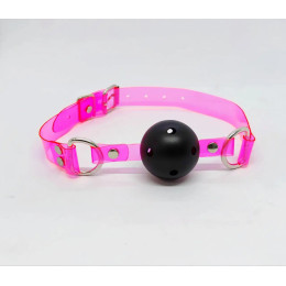 Кляп-шарик черный с неоново-розовыми ремешками