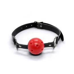 Кляп-кулька червоний, чорні ремінці, діаметр 5 см – фото