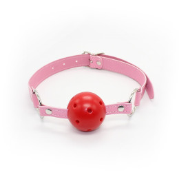Кляп красный шарик, розовые ремешки, диаметр 4.5 см