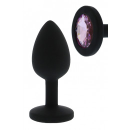 Анальная пробка с фиолетовым камнем, силиконовая, черная – фото