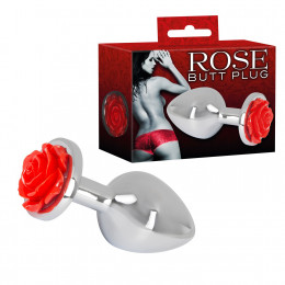 Анальная пробка металлическая, с красной розой, Rose Butt Plug